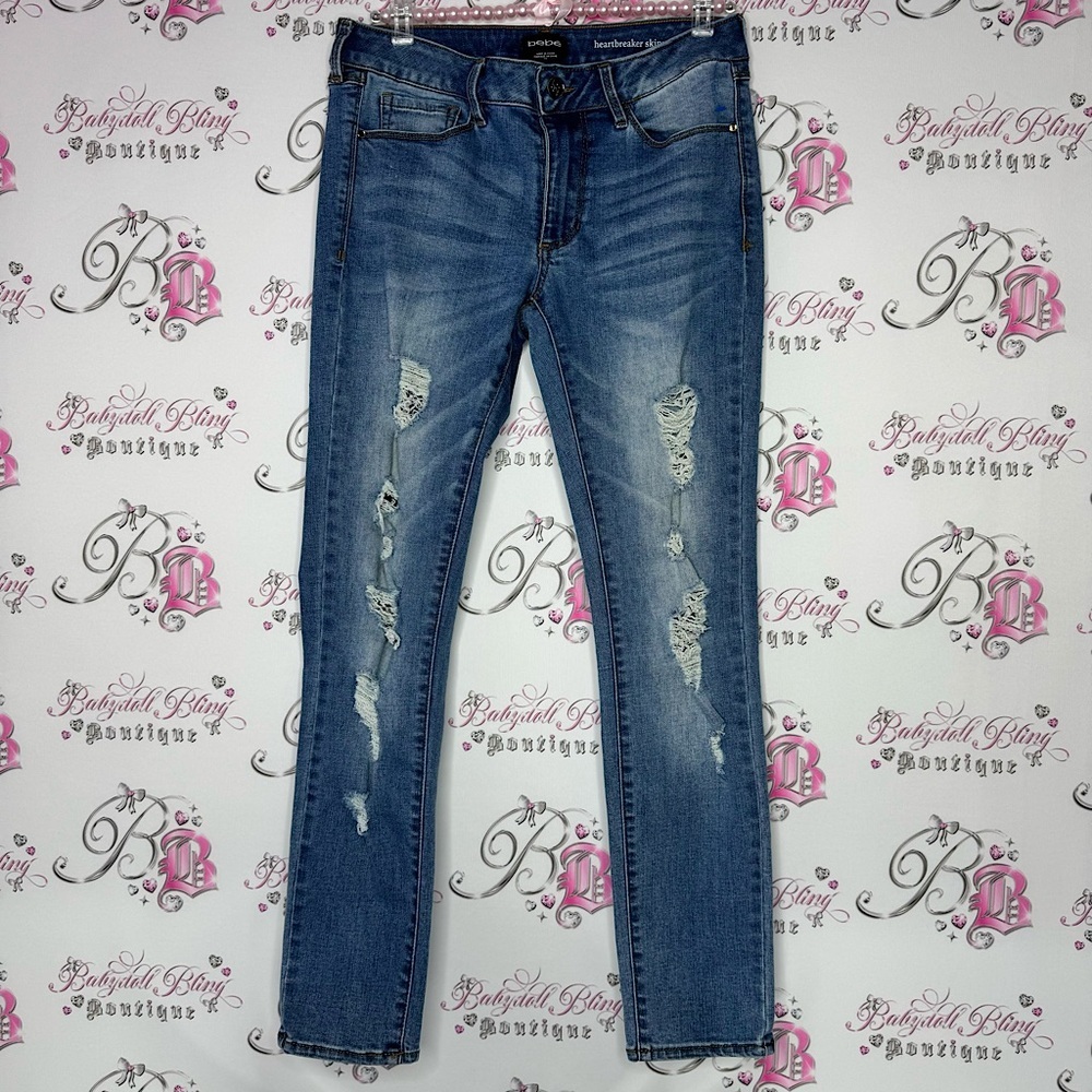 Bebe jeans heartbreaker skinny stretchy rhinestone bling on back pockets blue